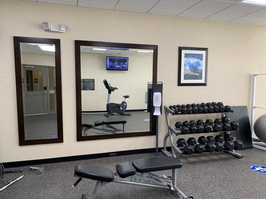 Fitness room, weights and bench