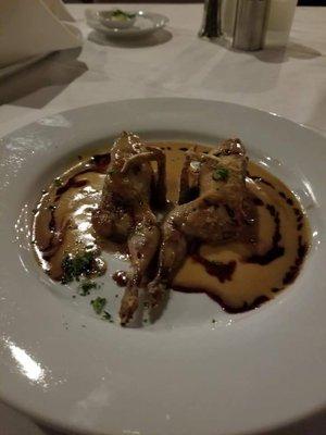 Starter-Stuffed Boneless Quail 
 Mushrooms, Italian Sausage topped with Veal Stock Cream Reduction