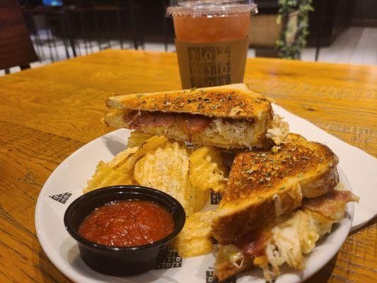 Closer look at grilled cheese chicken bacon ranch and hibiscus tea