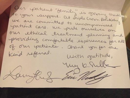 Wow! A handwritten note for referring my friend to their practice.