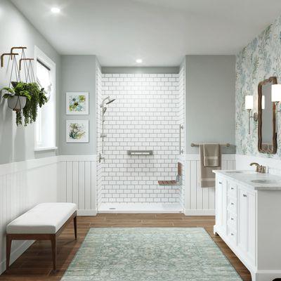 Beautiful Subway Tile with Black Grout Shower Solution with Shower Seat and Modern Fixtures