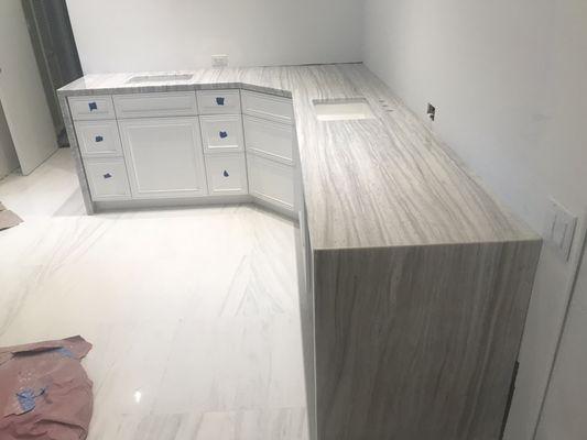 Master bath vanity top with waterfall sides