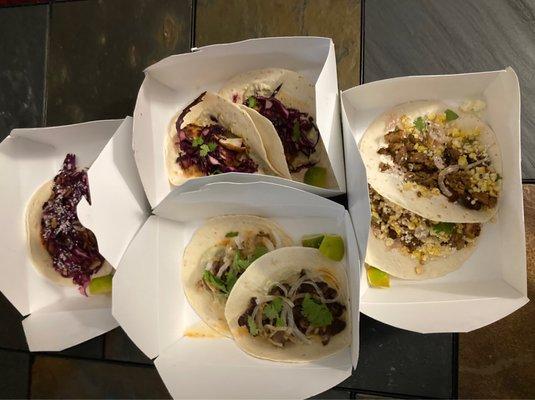 Left: Cauliflower, Top: Fish Bottom: Carne Asada , Right: Chicken