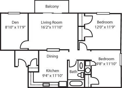 Two Bedroom/One-and-One-Half Bath with Den- 859 Sq. ft.