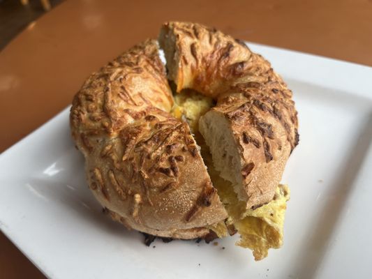 Egg Sausage bagel with Jalapeño bagel (only cheesy bagel choice they had)