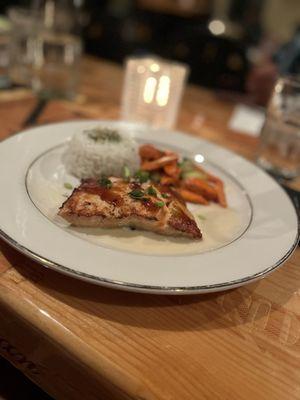 Salmon with a miso glaze and a side of jasmine rice and veggies