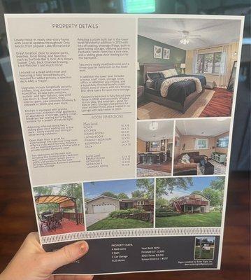 The back of the flyer created of my home to be given to clients during open house.