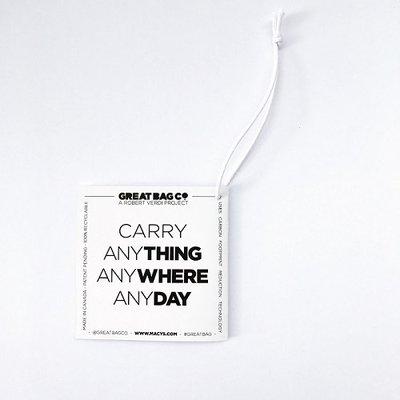 Great Bag Co: This is a HANG TAG (back view) printed on white paper finished with a center fold and white string.