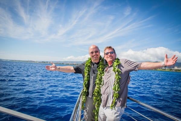 the loveboat grooms! hawaii gay wedding, lgbt, boat cruise, hawaii wedding, diamond head, ocean, waikiki