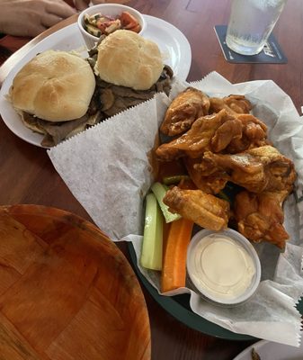 Chicken wings, prime rib sliders