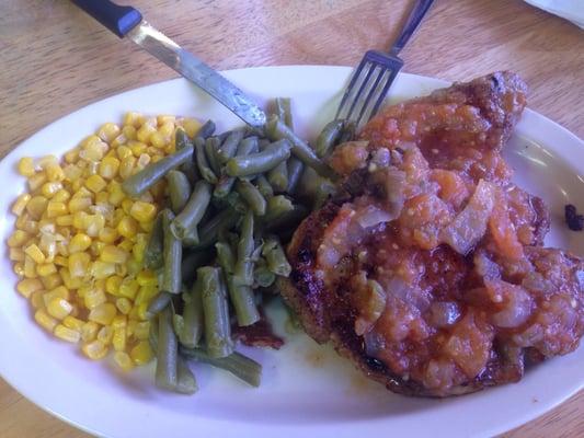 Pork Chops and Salsa with a side of corn and green beans.