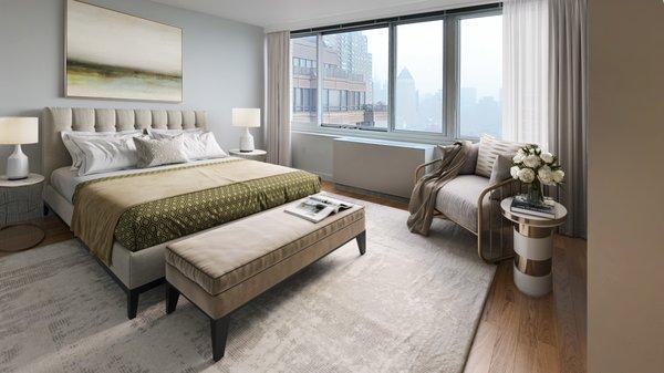 A bedroom in a luxury NYC apartment at Hawthorn Park in Upper West Side Manhattan