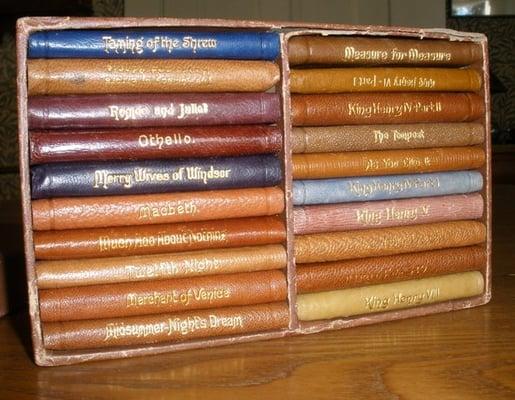 20 miniature volumes of Shakespeare's works, bound in various colors of soft leather in original box..  Each is 2 1/4" x 3 1/4".