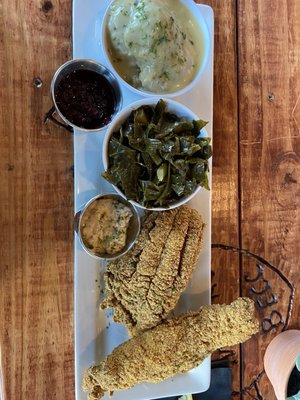 Catfish with dressing and collard geeens