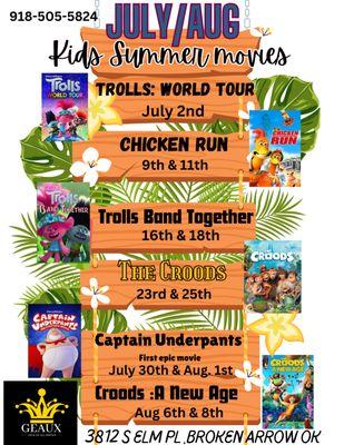 Tue. and Thursday SummerKids Movies 10 am and 1pm 
$5 = Movie ,sm popcorn and sm drink