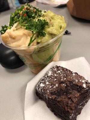 Guac/Hummus/Tabouleh Nachos + Fudge Brownie