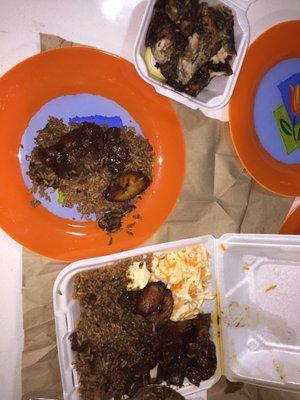 Oxtails, rice and peas, jerk chicken