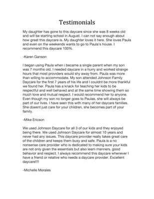 Here are some testimonials from some of our former daycare parents.