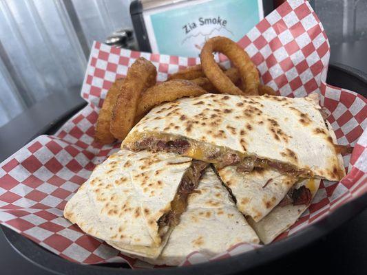 Brisket Quesadilla with Onion Rings