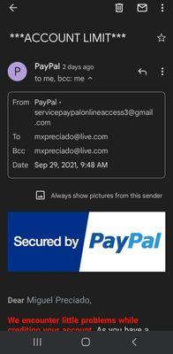 Note the sender's email address. PayPal doesn't use aol or gmail to communicate with their customers.