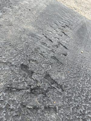 Tire marks left by the side by side from driving on it after waiting 4 days for slurry to cure