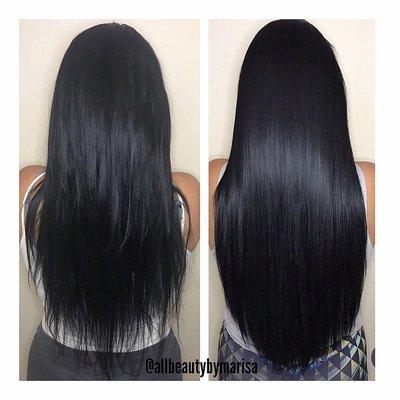 Before and After beaded weft extensions