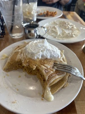 Pumpkin pancakes, remains of biscuits and gravy