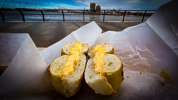 Onion bagel with Dorito cream cheese. $4.50 + tax + tip at the East River