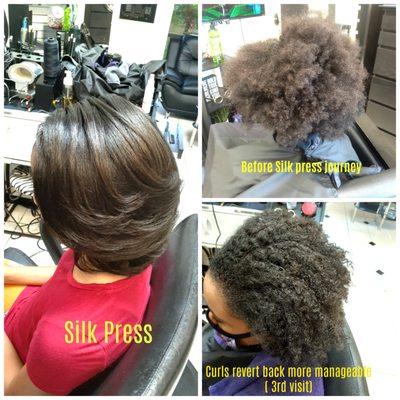 Silk Press! Top right photo-b4 silk press journey began. Left photo- 1st silk press. Bottom right- vibrant curls are after 3rd visit.