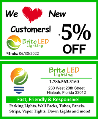 Commercial contractors (EC & GC) new first time customers get 5%. We already have the lowest prices for LED in Miami so check us out!