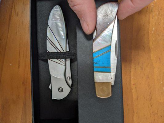 New mother of pearl inlays on a Kershaw Ken Onion, flip open, super ergonomic! Knife on the left is mine, about 40 years old!