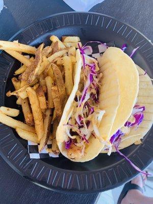 Yo Boy shrimp tacos with regular fries. (PS no ketchup needed)