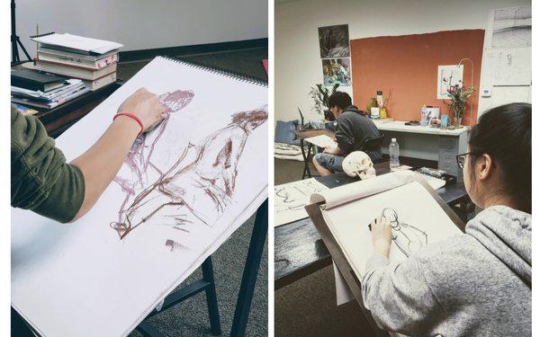 6-22-2019  Ji Hu and Jay's 1st Life Drawing Class and learned the basic skeletal parts and their relative portions. Lynette was our model .