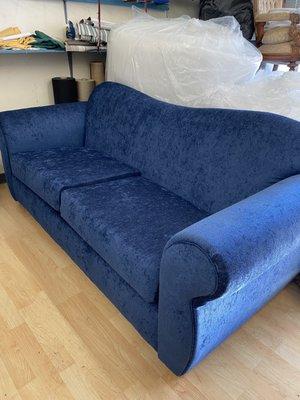 Beautiful newly upholstered blue couch!