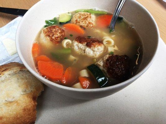 Chicken Meatball veggy soup. With heated Roll on the side.