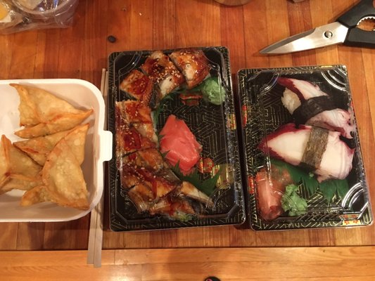 Left to right: Crab Rangoon, dragon maki, tako nigiri