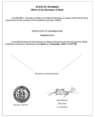 HostCram LLC Certificate