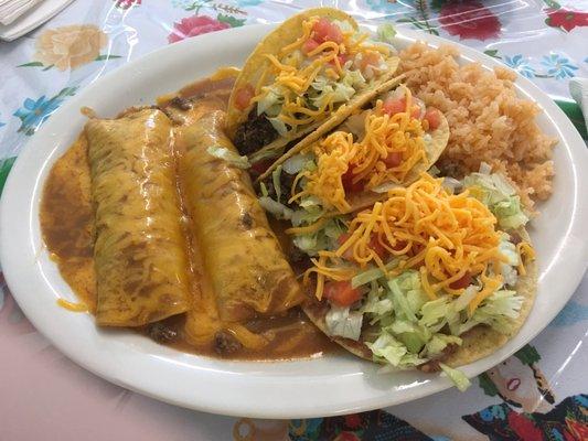 #22 on the menu / 2 beef enchiladas/ 1 chalupa / 2 tacos and Spanish rice!