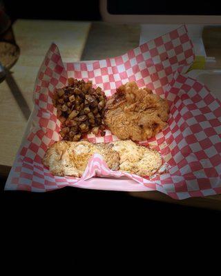 Hand breaded Country fried steak fresh fried potatoes served with 2 eggs cooked to order.