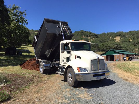 This truck delivers a load of shredded Redwood bark.