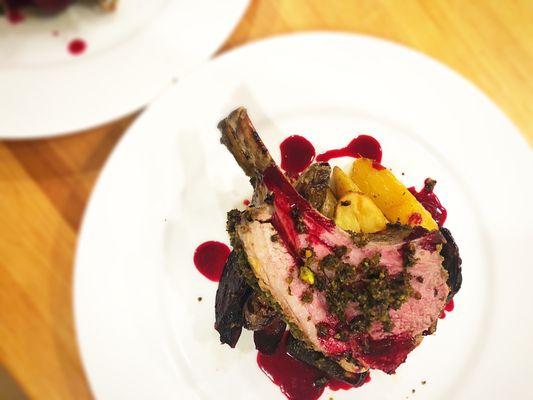 Lamb chop, pistachio gremolata, sweet potato, beet reduction