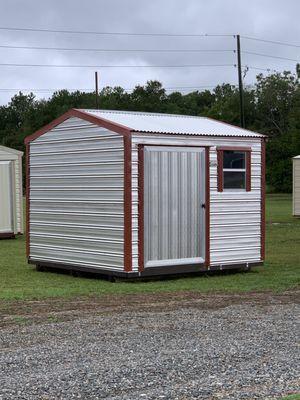 10x10 with 1 window 1 light and 1 receptacle and a 48" aluminum t-handle door