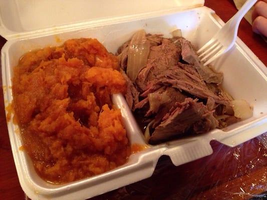 Giant platter of roast beef and sweet potato