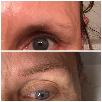 The top was before, the client has little to no hair visible. The bottom is after I created her brows using Microblading and Microshading