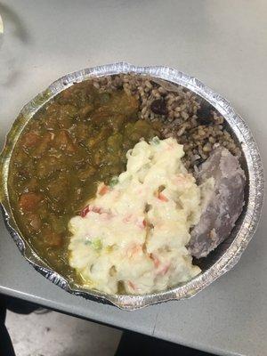 Curry seitan  W/ stew lentils Brown rice and peas potato salad and dasheen