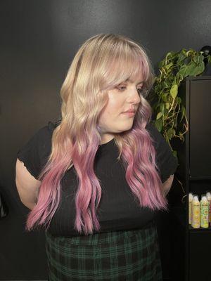 Lived in blonde to pink balayage with hand tied extensions by Beka.