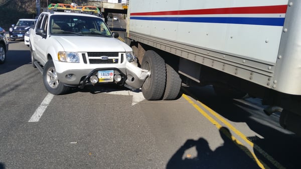 Not fun when a truck cuts in from over double yellow. Post Road Auto body rescued my Explorer.