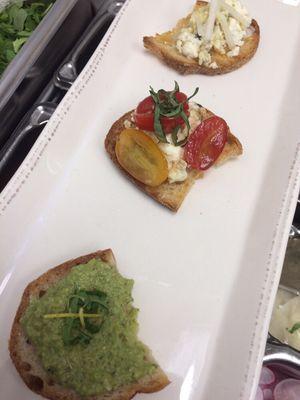 Trio of Crostini/ lemony fava bean mint Puree + Burratta tomato+Gorgonzola pear, NC honey ( by Chef Darren Atkins)