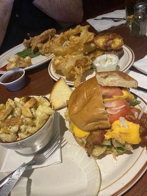 Brasky burger, onion rings, Mac & Cheese and chicken tenders.