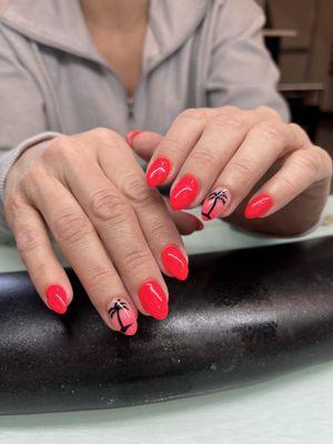 Hot pink with palm tree nail art